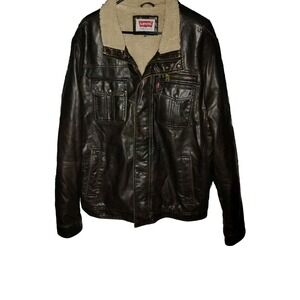 Levi's Mens XL Jacket‎ Brown Faux Leather Sherpa Lined Bomber-like Zip Vintage